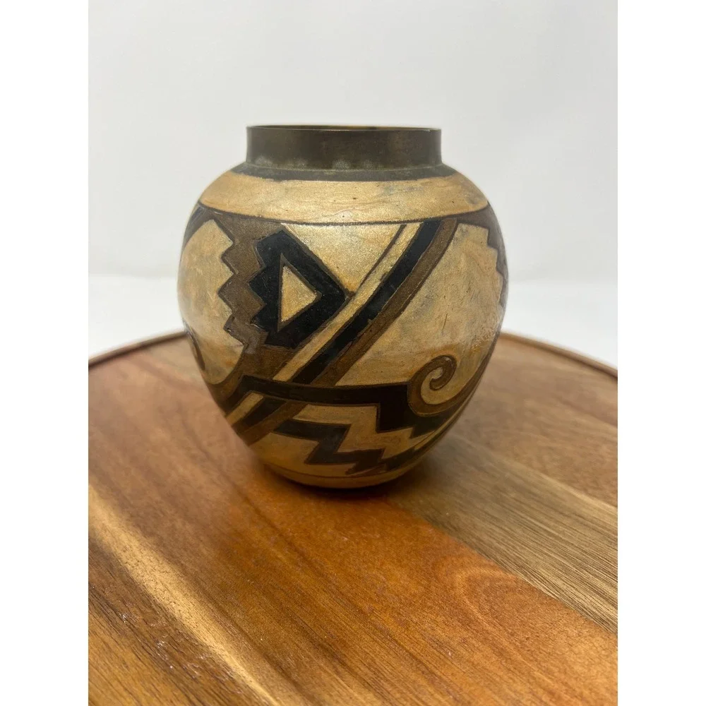 Vintage Decorative Vase Southwestern Geometric Design Brass